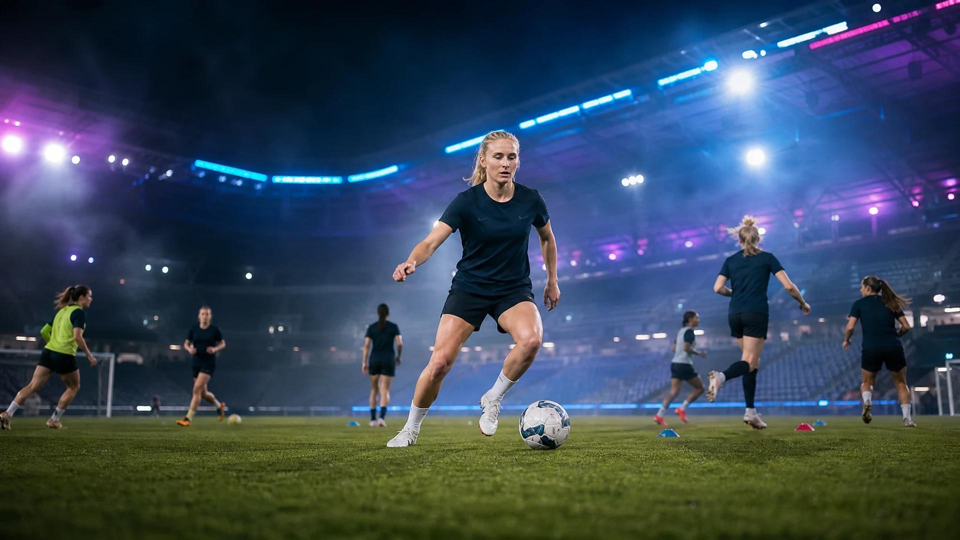 Jenna Nighswonger training at Bay FC with teammates in a neon-lit stadium.