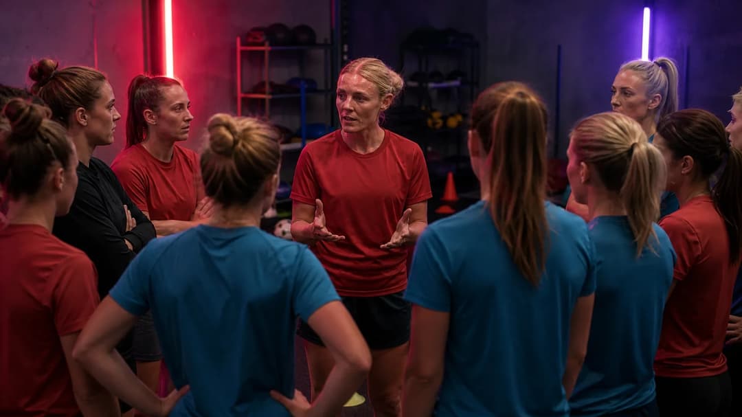 Sophie Ingle leading a team huddle at Bristol City training, illuminated by neon lights.