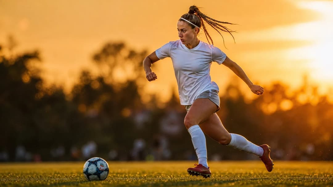 A dynamic action shot of Jenna Nighswonger sprinting on a football pitch during golden hour, silhouetted against a bright sunset.