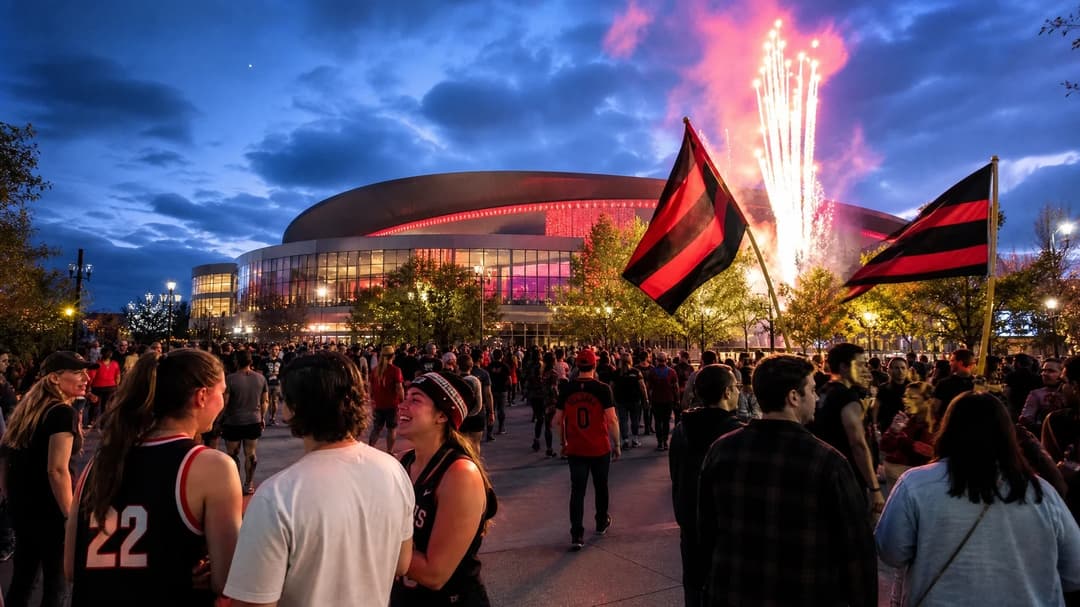 A bustling crowd of fans outside the Moda Center, illuminated by colorful lights and fireworks.