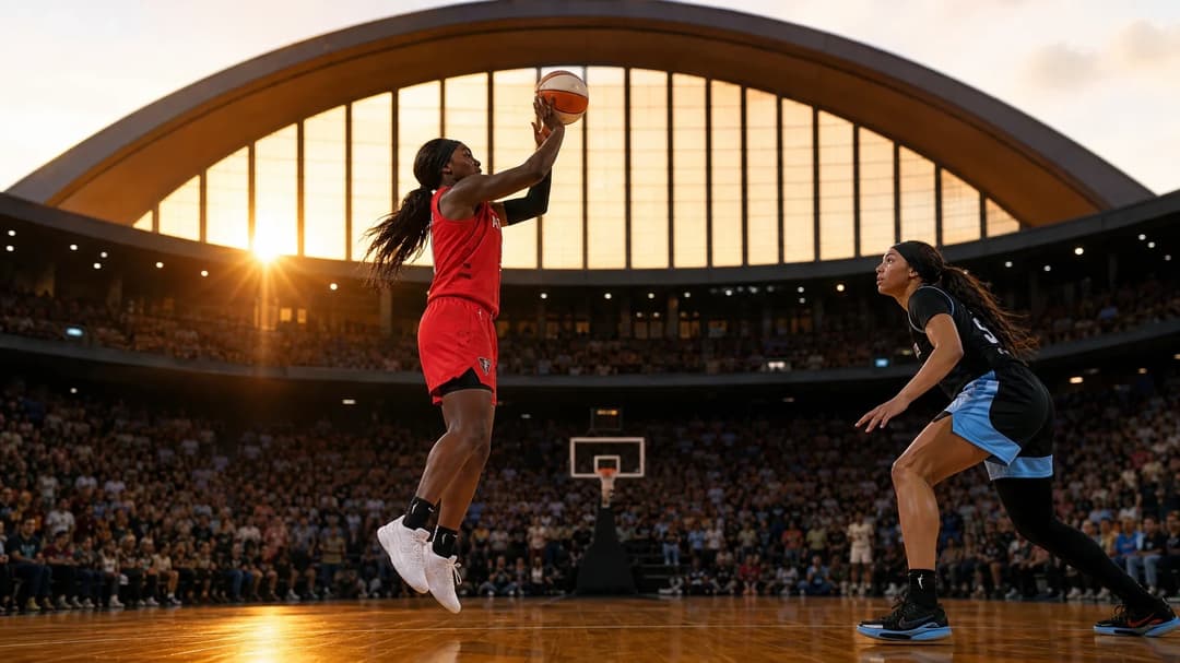 Rhyne Howard in mid-air shooting a three-pointer during a game.