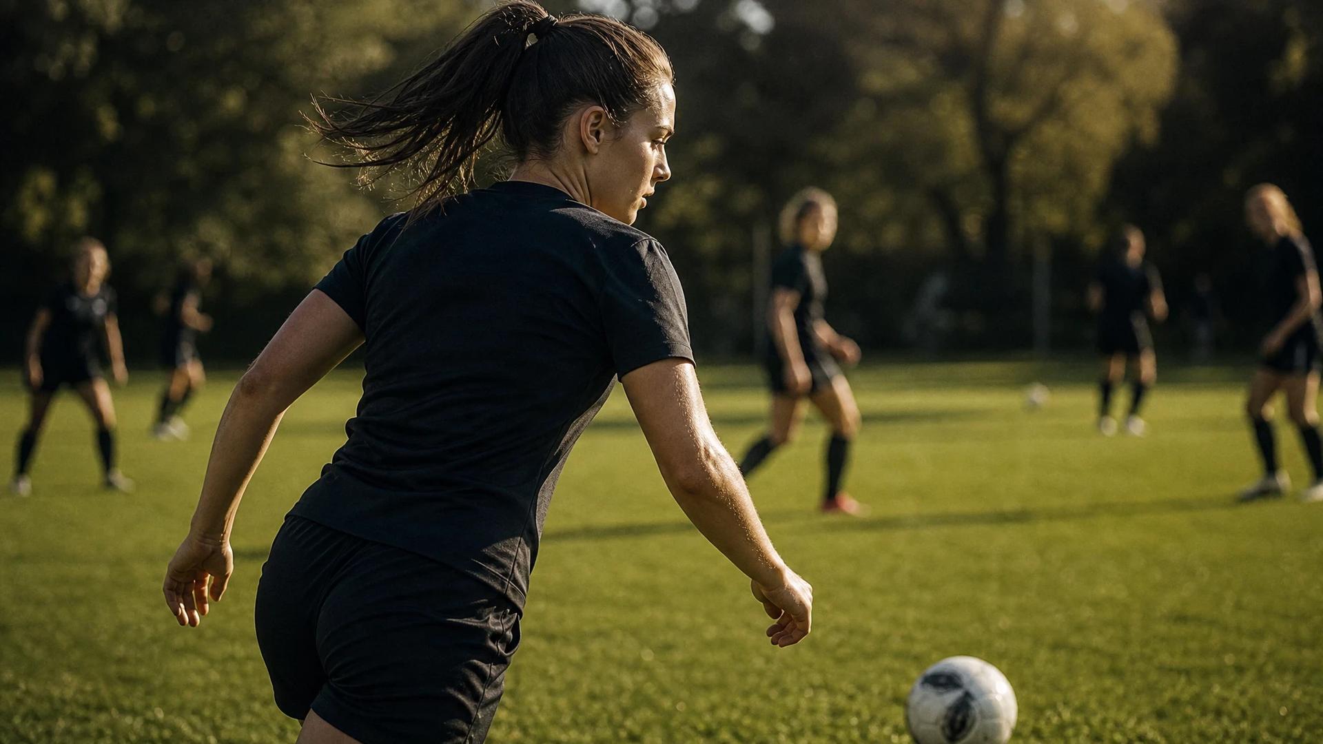 A female footballer training, captured from behind as she prepares to kick a ball on the training ground.