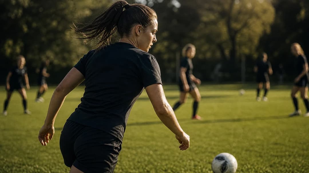 A female footballer training, captured from behind as she prepares to kick a ball on the training ground.