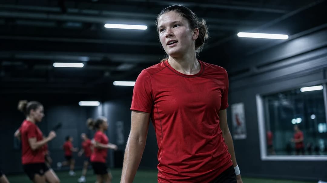 Pietra Tordin poised for an upcoming match in a training facility, surrounded by teammates in warm-up.