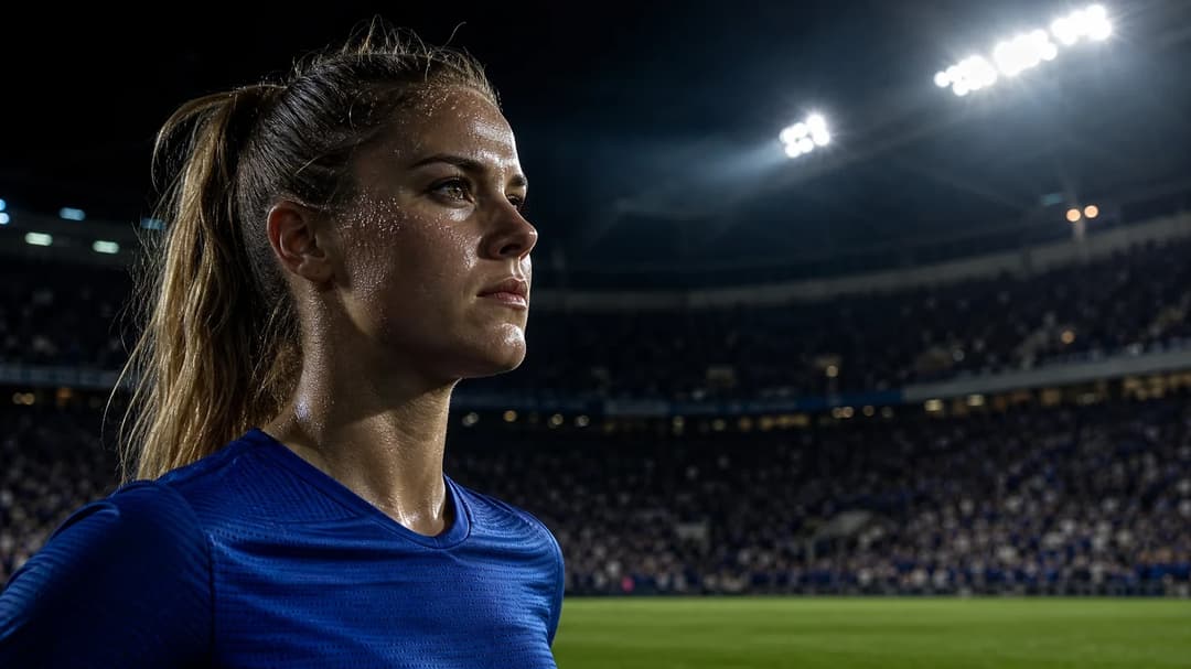 A Chelsea women's football player intensely focused before a match in a stadium.