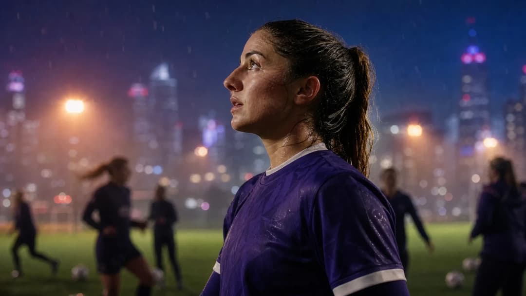 Daniëlle van de Donk stands on a football pitch, illuminated by neon lights, symbolizing resilience.