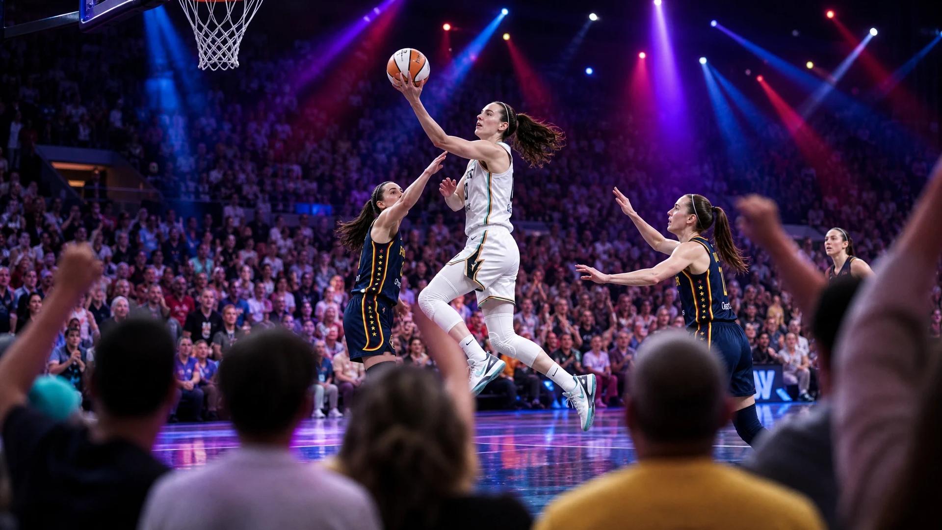 Breanna Stewart jumps for a layup in a brightly lit basketball arena during a WNBA game.