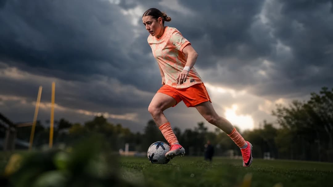 Olivia Moultrie in a tense training moment before a scrimmage, under stormy skies.