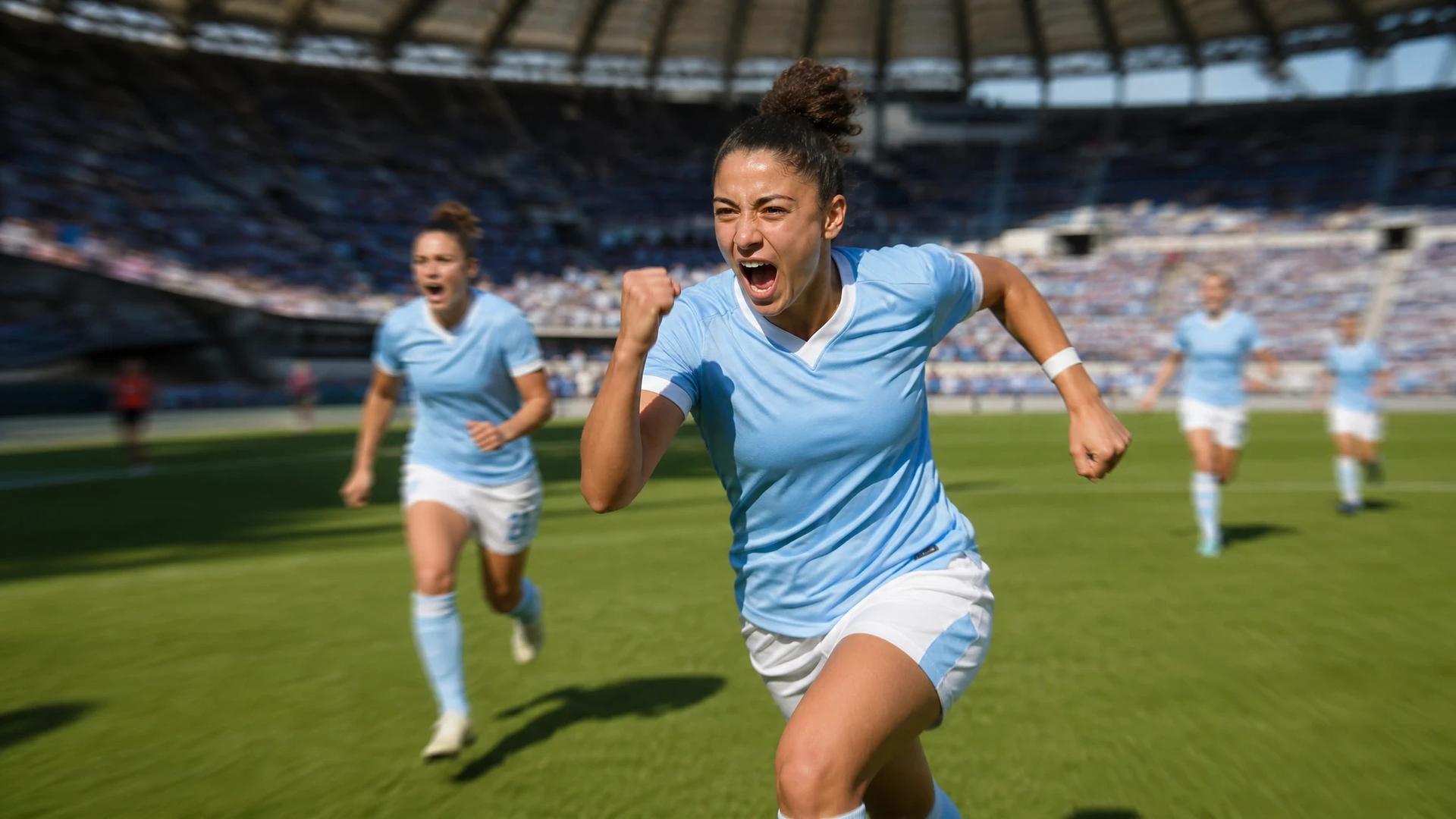 Carla Camacho celebrating after scoring a goal in a stadium.