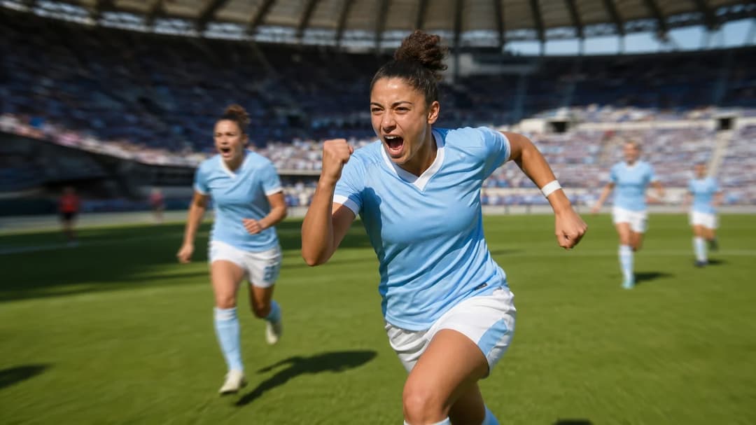 Carla Camacho celebrating after scoring a goal in a stadium.