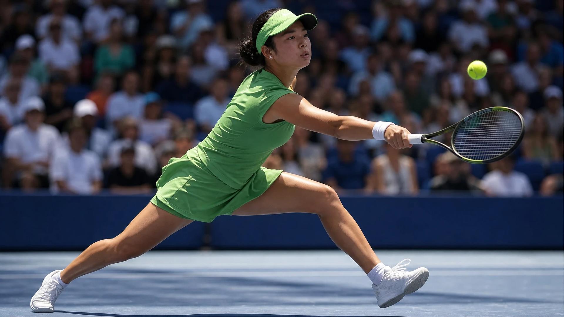 Alex Eala executing a return shot on a tennis court with a cheering crowd in the background.