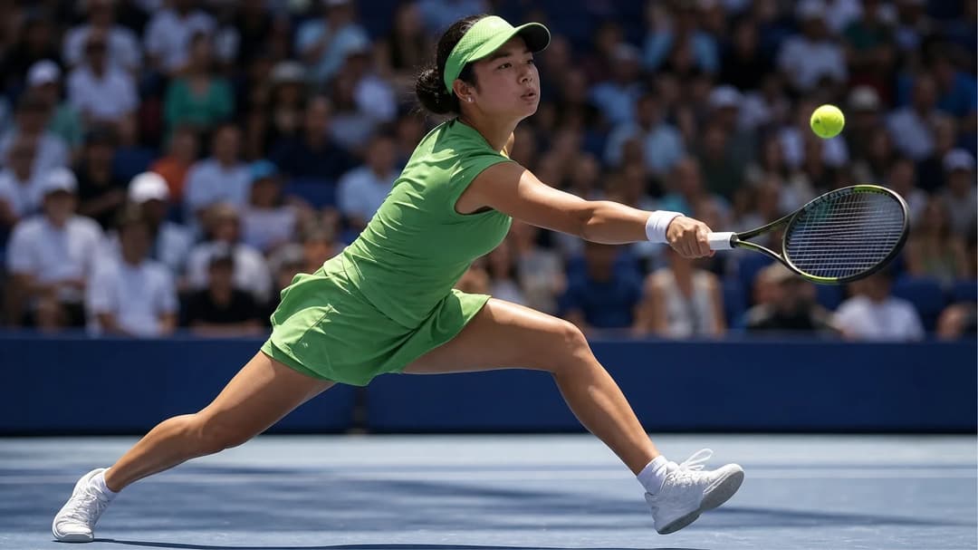 Alex Eala executing a return shot on a tennis court with a cheering crowd in the background.