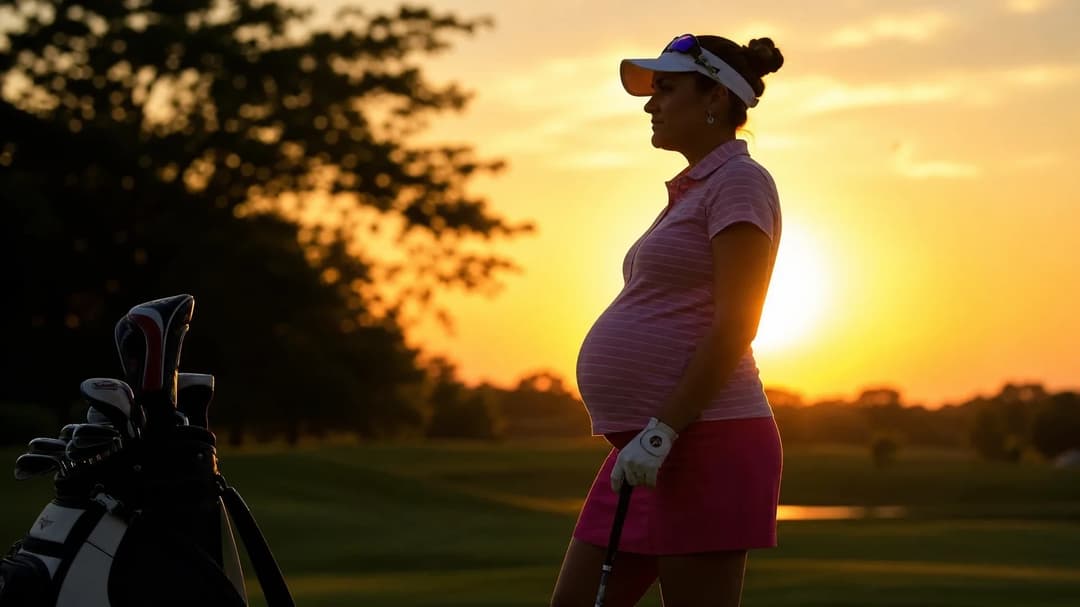 A female golfer in silhouette stands on a golf course at sunset, with a golf bag in the foreground.