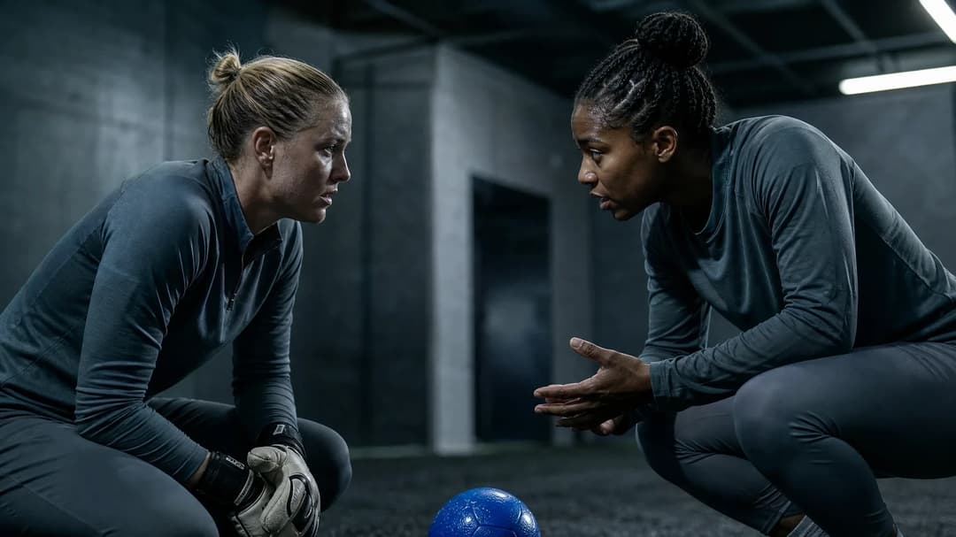 Gotham FC players Ann-Katrin Berger and Jaedyn Shaw interact during training.