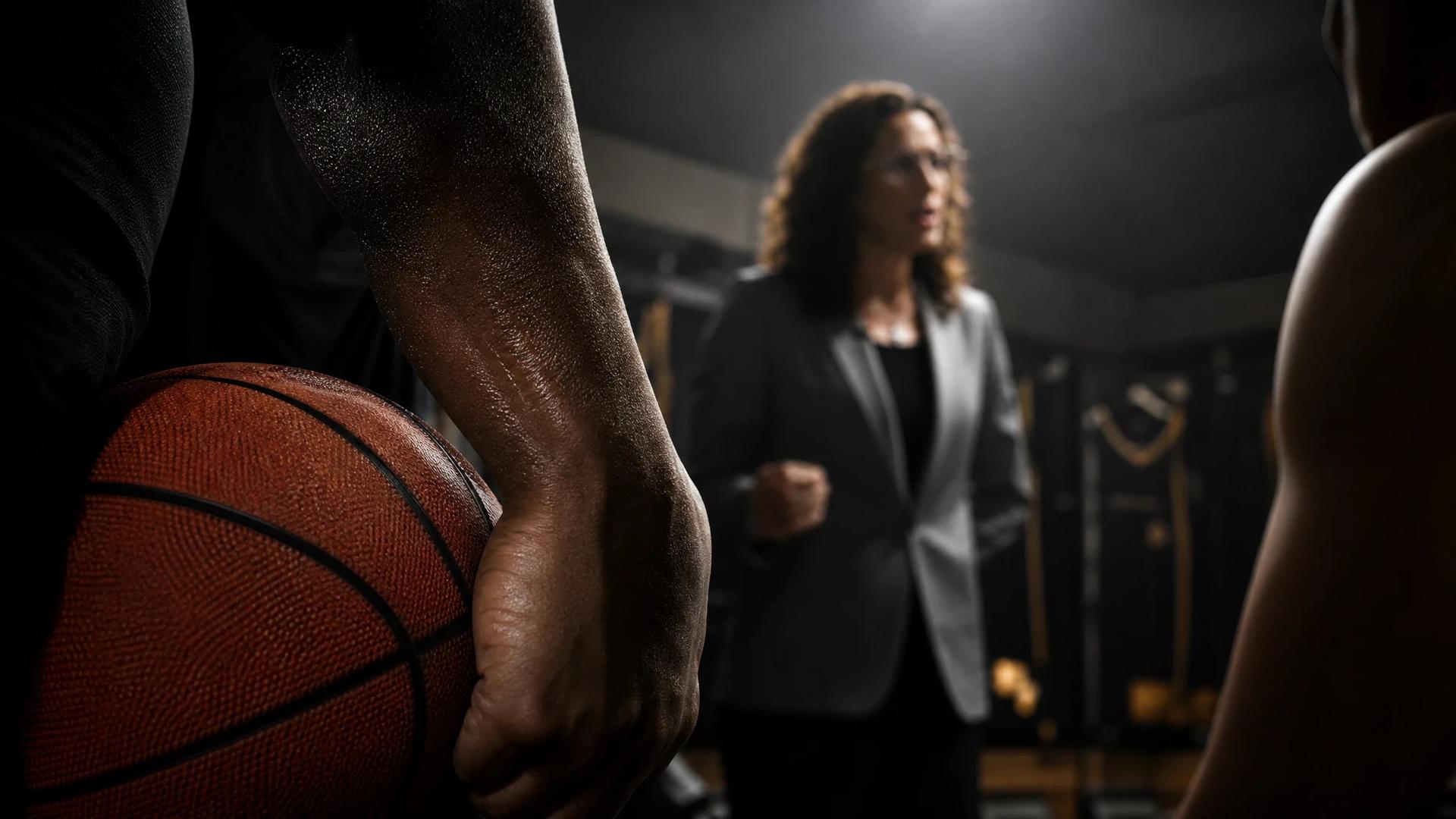A close-up of a clenched fist holding a basketball in a dramatic locker room setting.