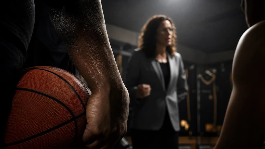 A close-up of a clenched fist holding a basketball in a dramatic locker room setting.