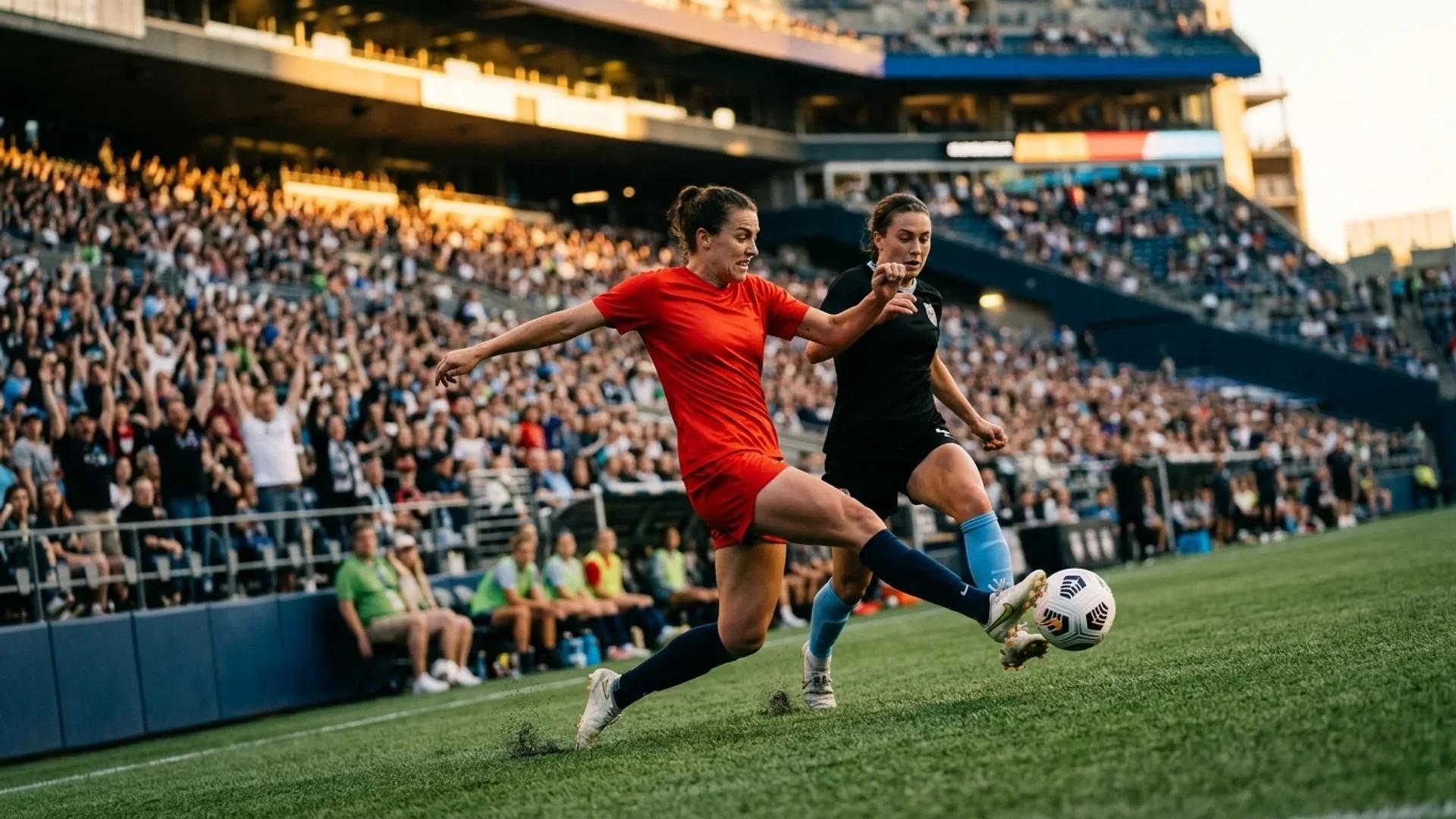 A tense moment in women's football as a player from Chicago Red Stars attempts to intercept the ball from a Seattle Reign player.