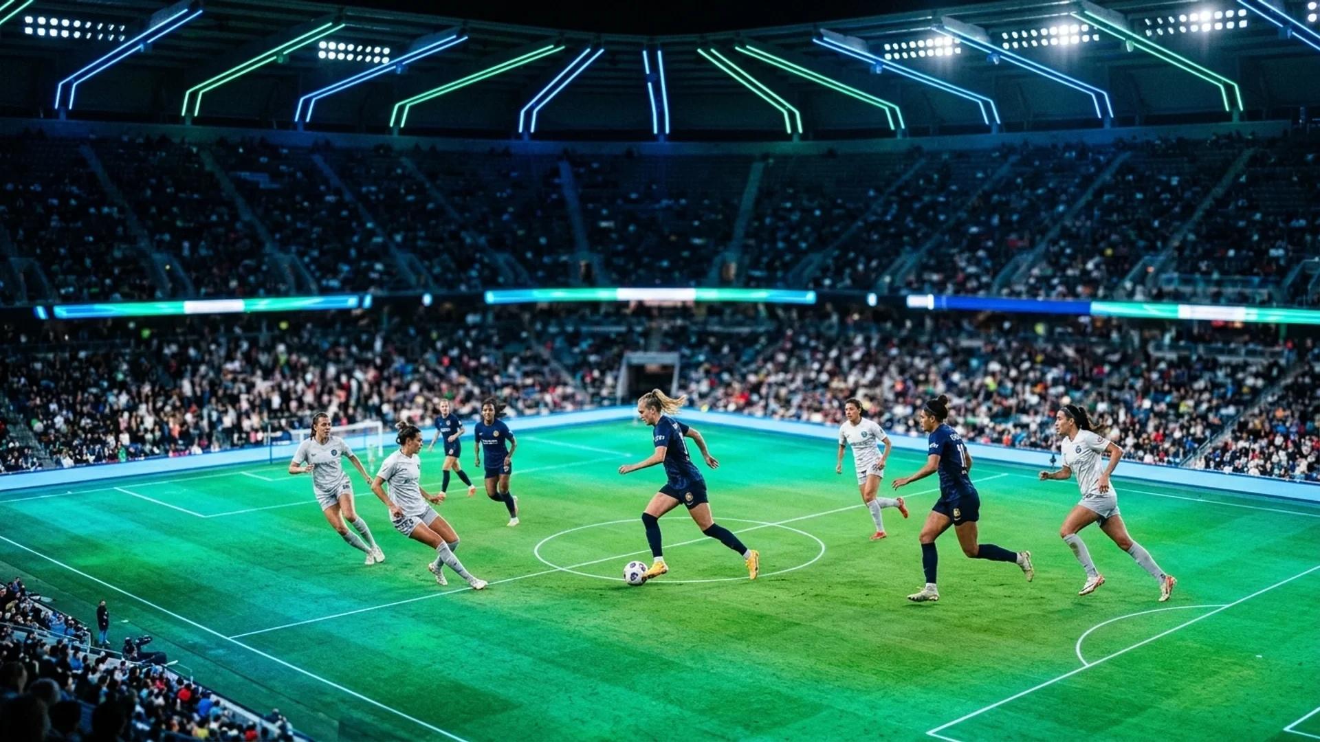A bird's-eye view of a women's football match showing players from Utah Royals and Bay FC in action.