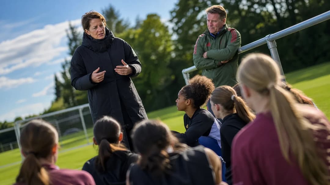 Bianca Rech engaging young footballers in a training session on a sunny day.