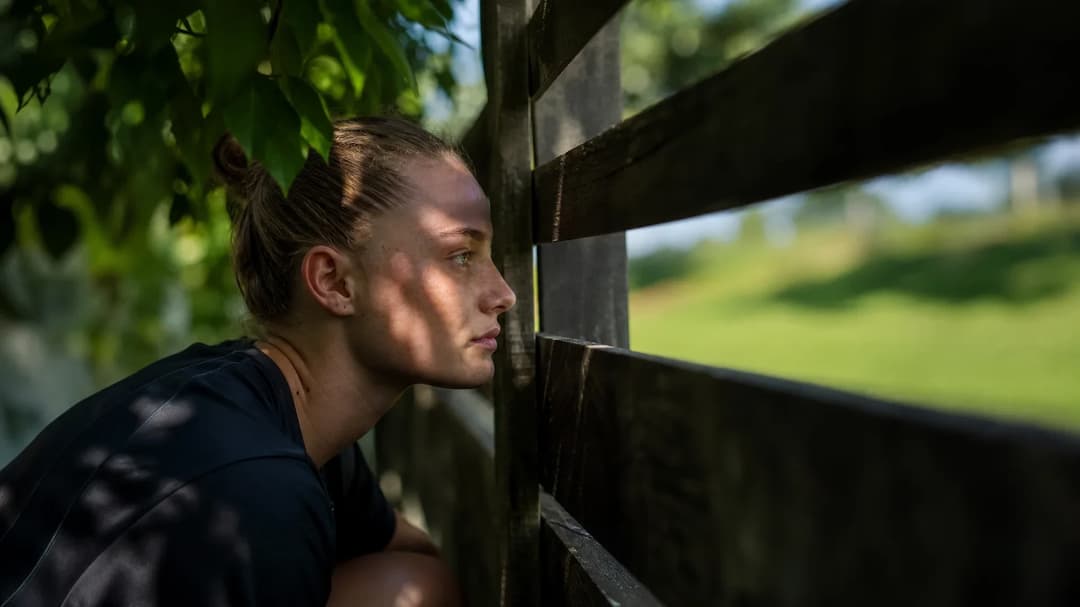 A female football player gazing thoughtfully through a wooden fence in a lush green environment, dappled sunlight illuminating her face.