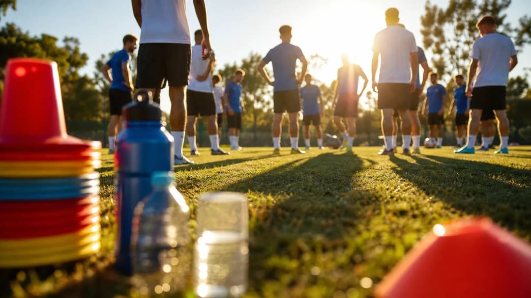 Female football players training on a sunny field with equipment in the foreground.