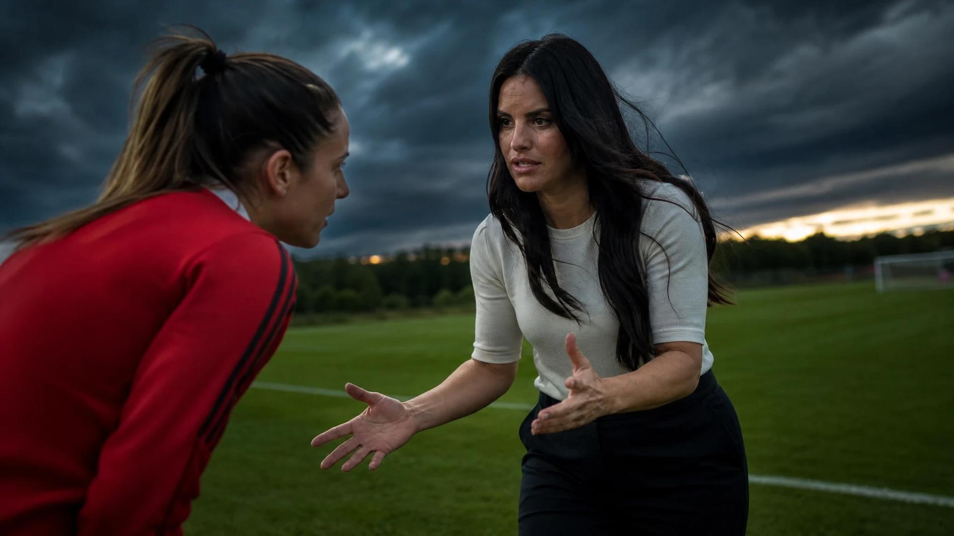 A female coach and player interact on a training pitch under a stormy sky.