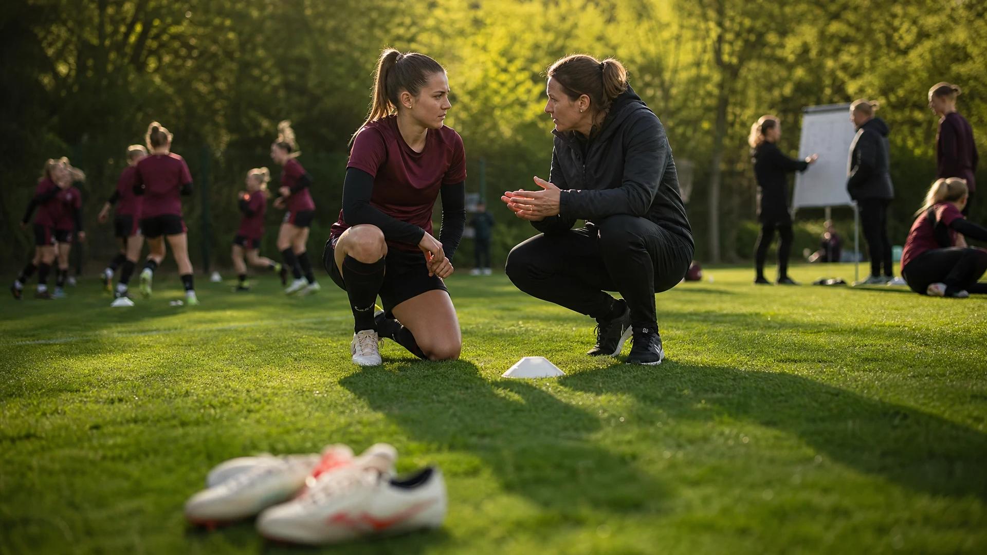 A footballer and coach discussing tactics at a training ground.