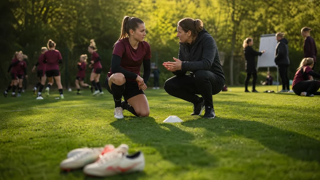 A footballer and coach discussing tactics at a training ground.