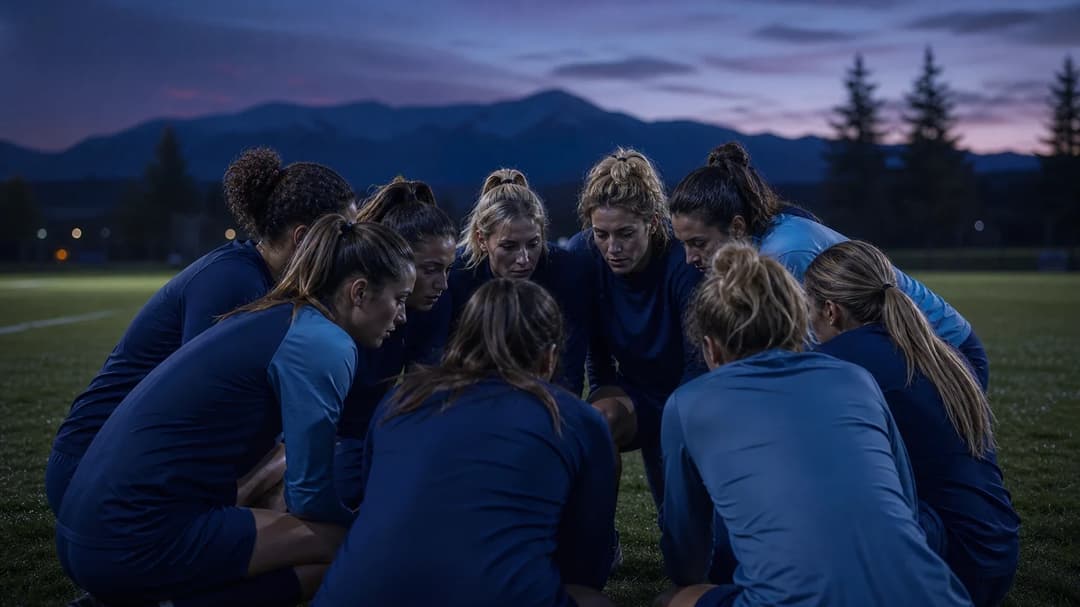 A close-up scene of Utah Royals football players in a huddle during dusk, displaying expressions of determination and camaraderie.