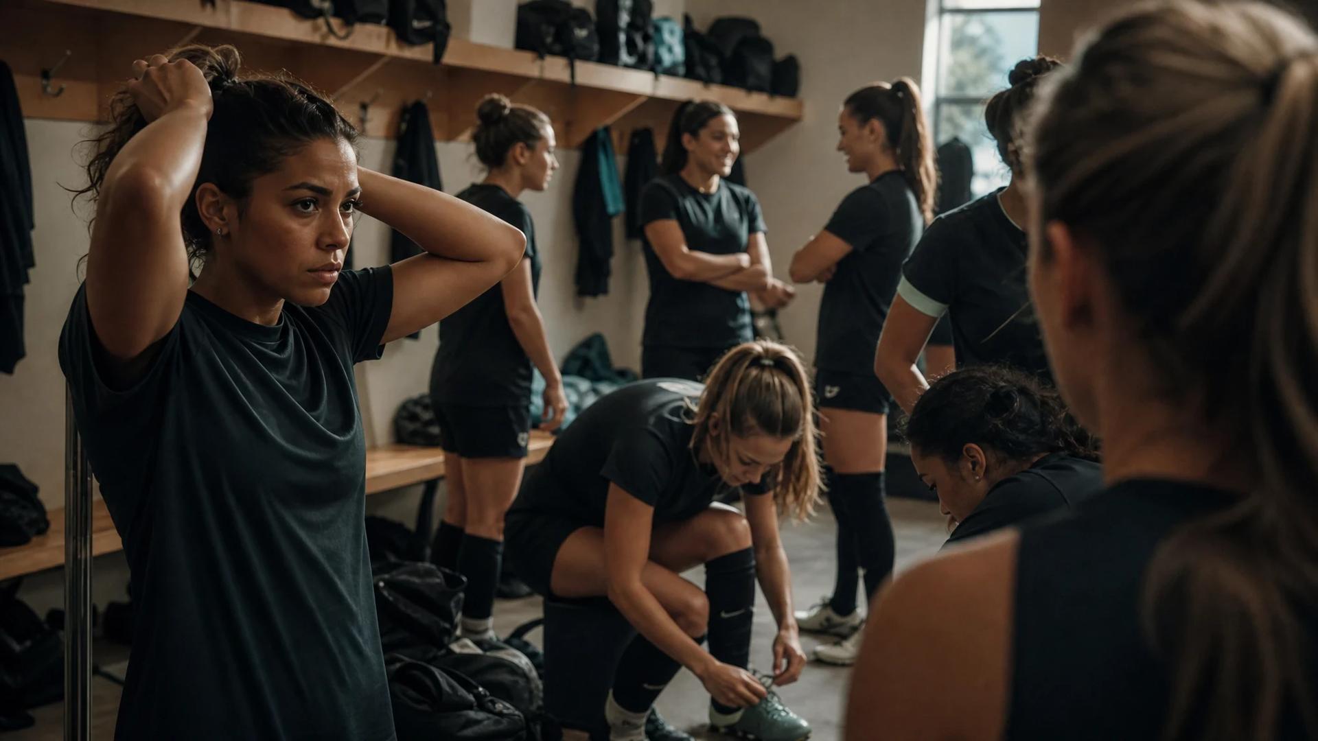 Female football players preparing in a locker room before a match.