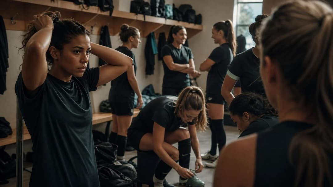 Female football players preparing in a locker room before a match.