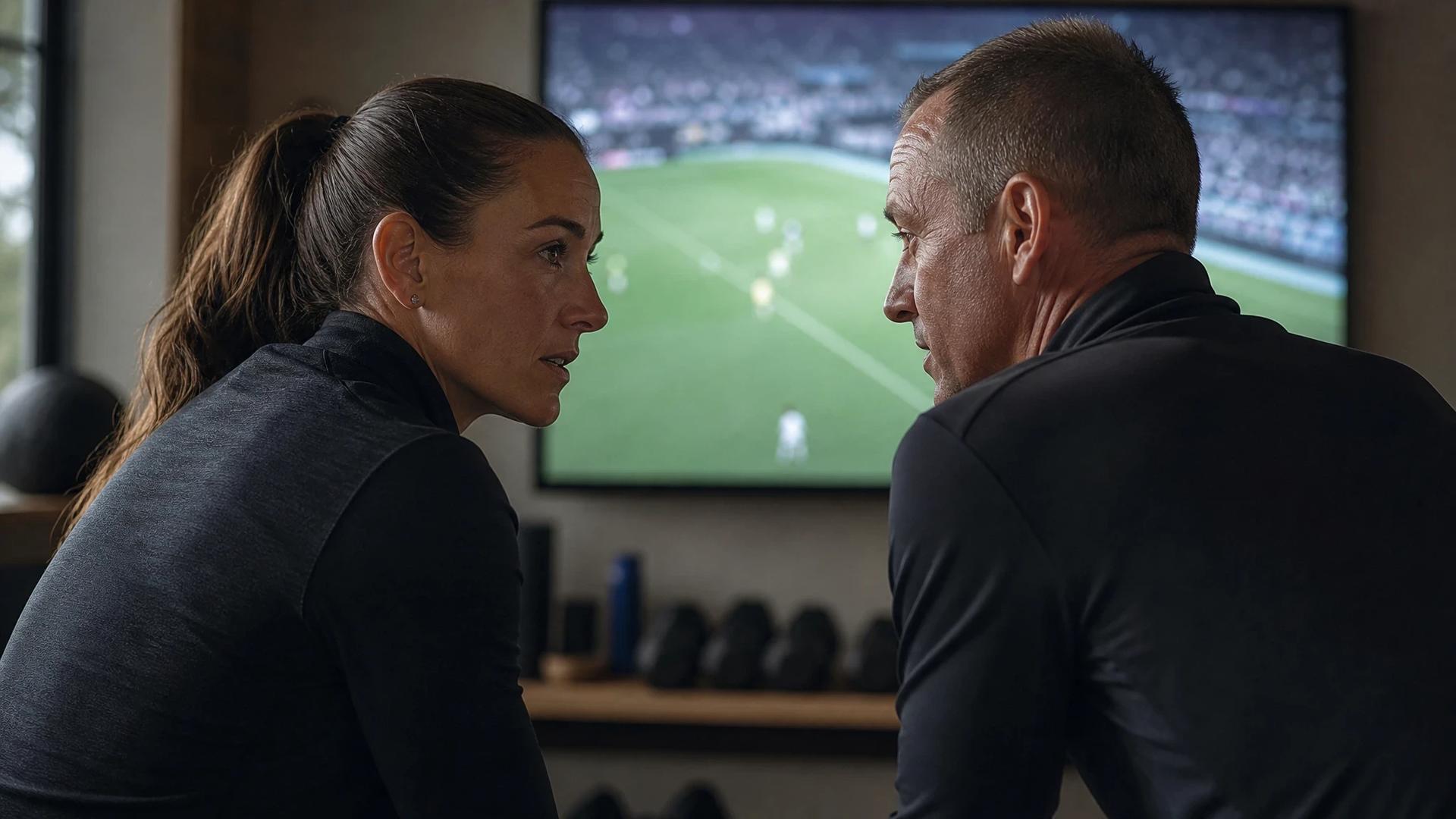 Lindsey Heaps and Nick Cushing engaged in a discussion in a training room.