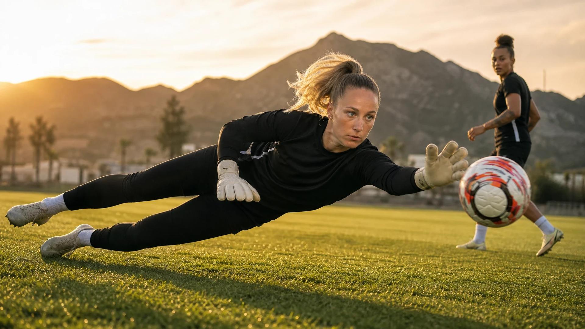 A goalkeeper stretching to save a ball at a training camp.