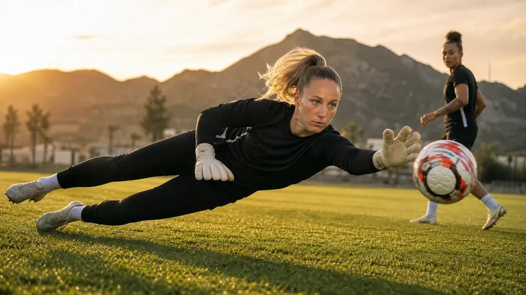 A goalkeeper stretching to save a ball at a training camp.