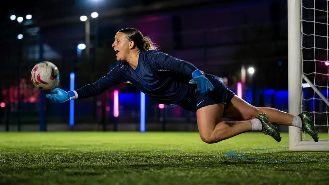 A goalkeeper dives to make a save during a training session, illuminated by vibrant lights at Everton's training ground.