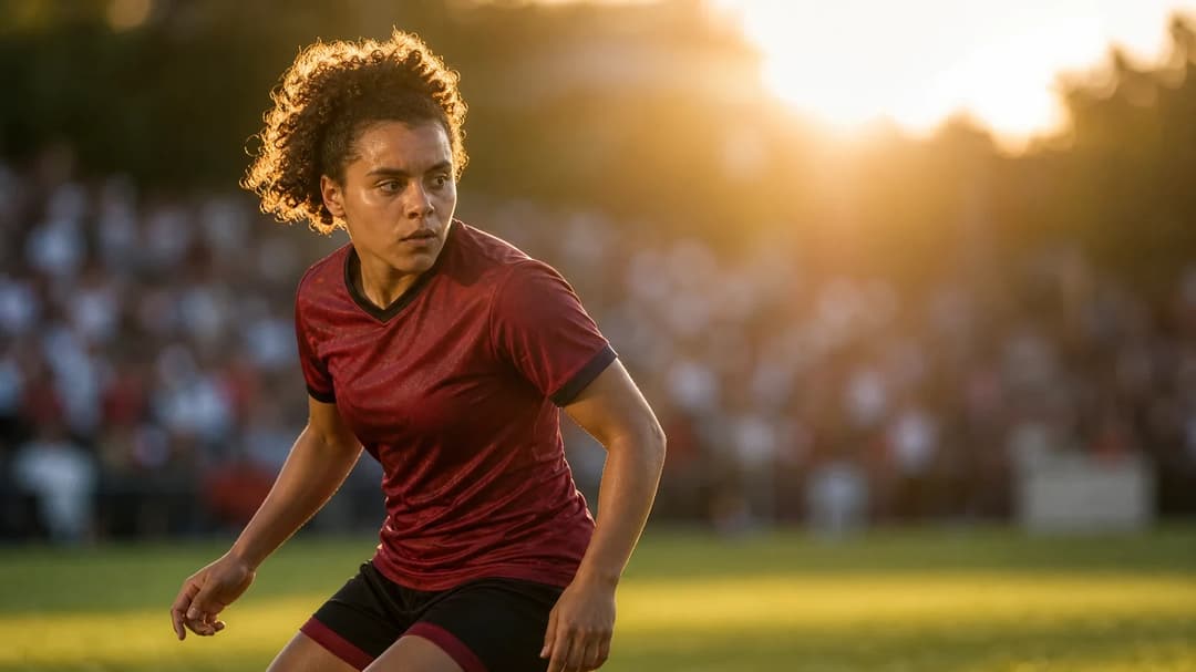 Kassandra Missipo positioned on a football pitch during golden hour, preparing for action.