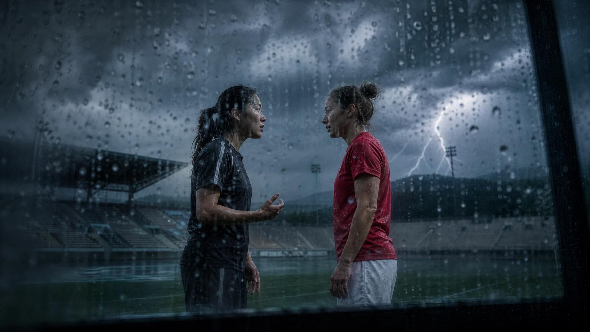 Two female football players discussing before a match at the Dreisamstadion, with a stormy sky in the background.