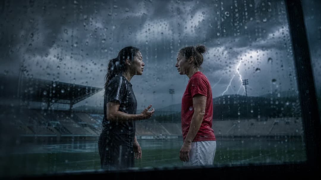 Two female football players discussing before a match at the Dreisamstadion, with a stormy sky in the background.