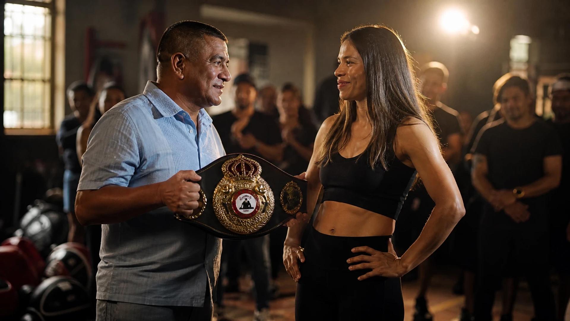 Nataly Delgado receiving her championship belt from Gilberto Jesús Mendoza in a rehearsal space.