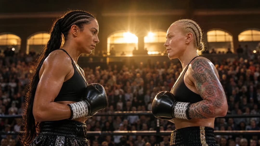 Two female boxers, Cherneka Johnson and Dina Thorslund, face off in a brightly lit boxing ring filled with spectators.