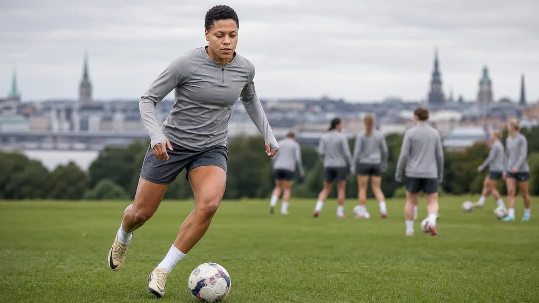 A female footballer, Sade Heinrichs, is dribbling a football on a training pitch with blurred teammates in the background and a hint of the city skyline.