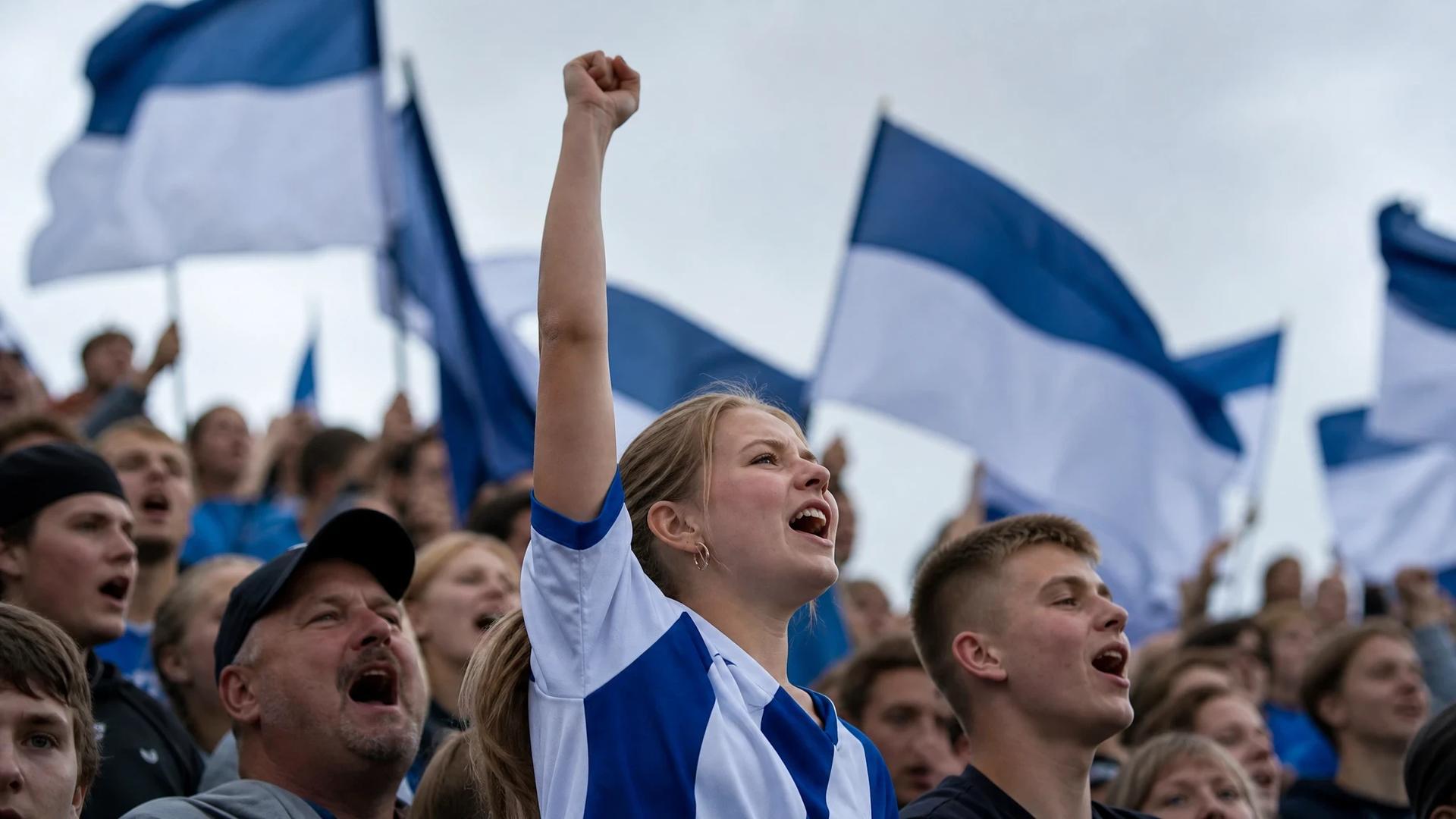 A passionate female football fan cheering in a supportive crowd at a match.