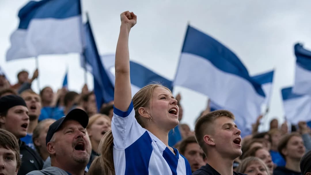 A passionate female football fan cheering in a supportive crowd at a match.