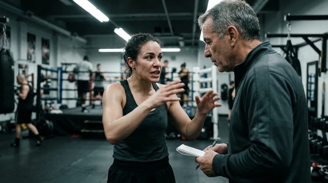 A focused training moment between boxer Tamm Thibeault and her coach in a gym.