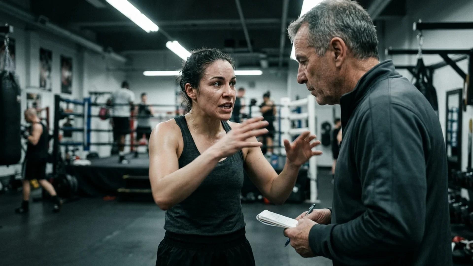 A focused training moment between boxer Tamm Thibeault and her coach in a gym.
