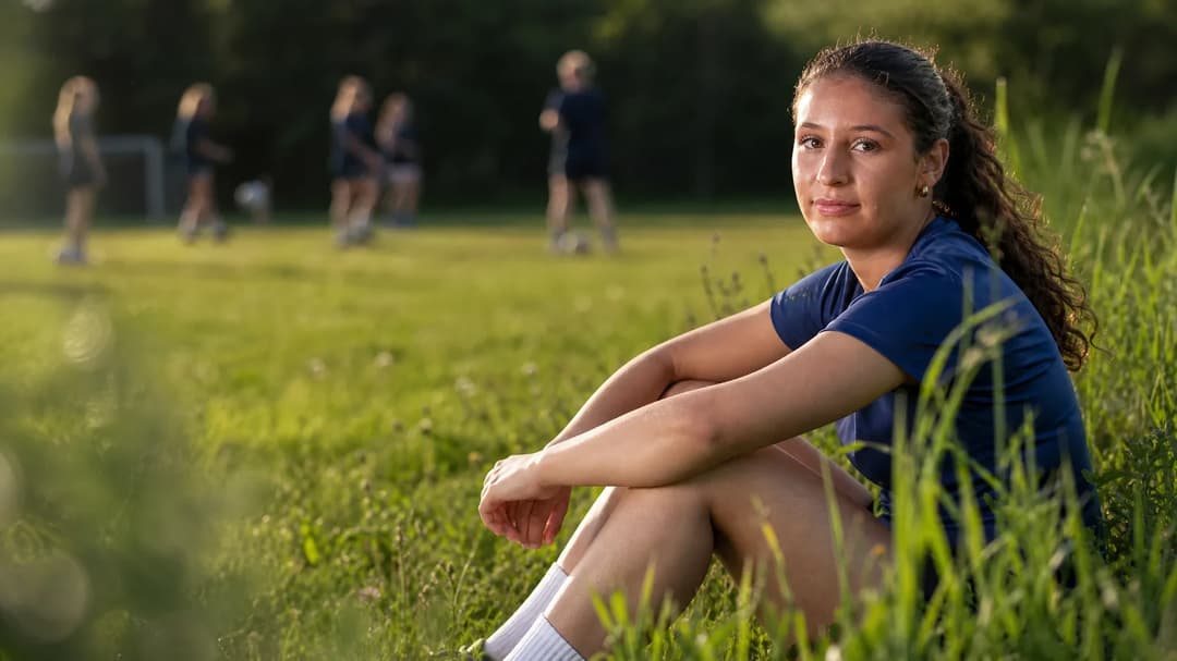 A young female footballer sitting thoughtfully on a grassy knoll, with teammates in the background.