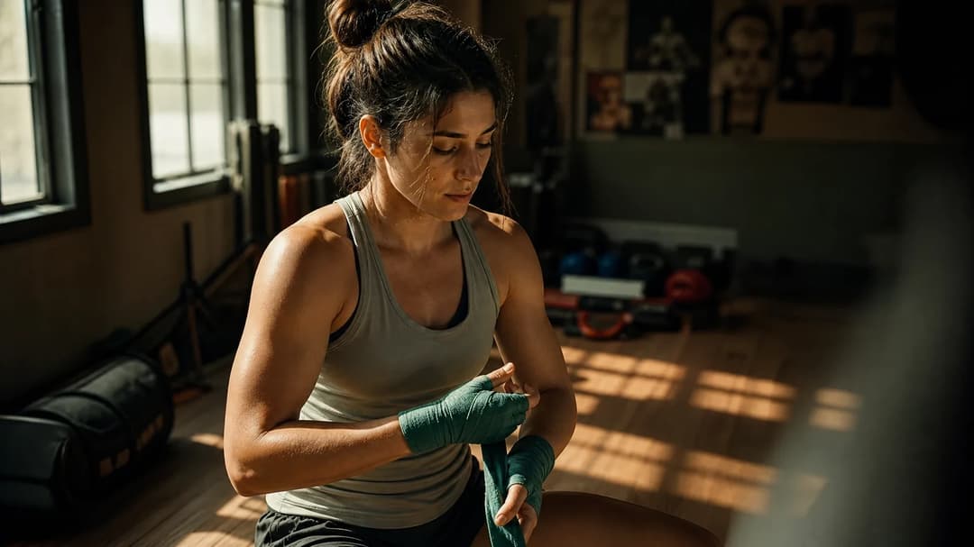Julia Avila preparing for her training session in a sunlit room.