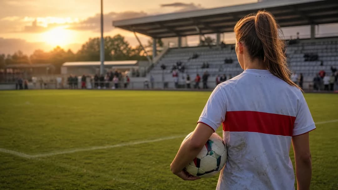A young female footballer walks towards the pitch at Gazi-Stadion, ready for her first Bundesliga match, under the warm light of the golden hour.