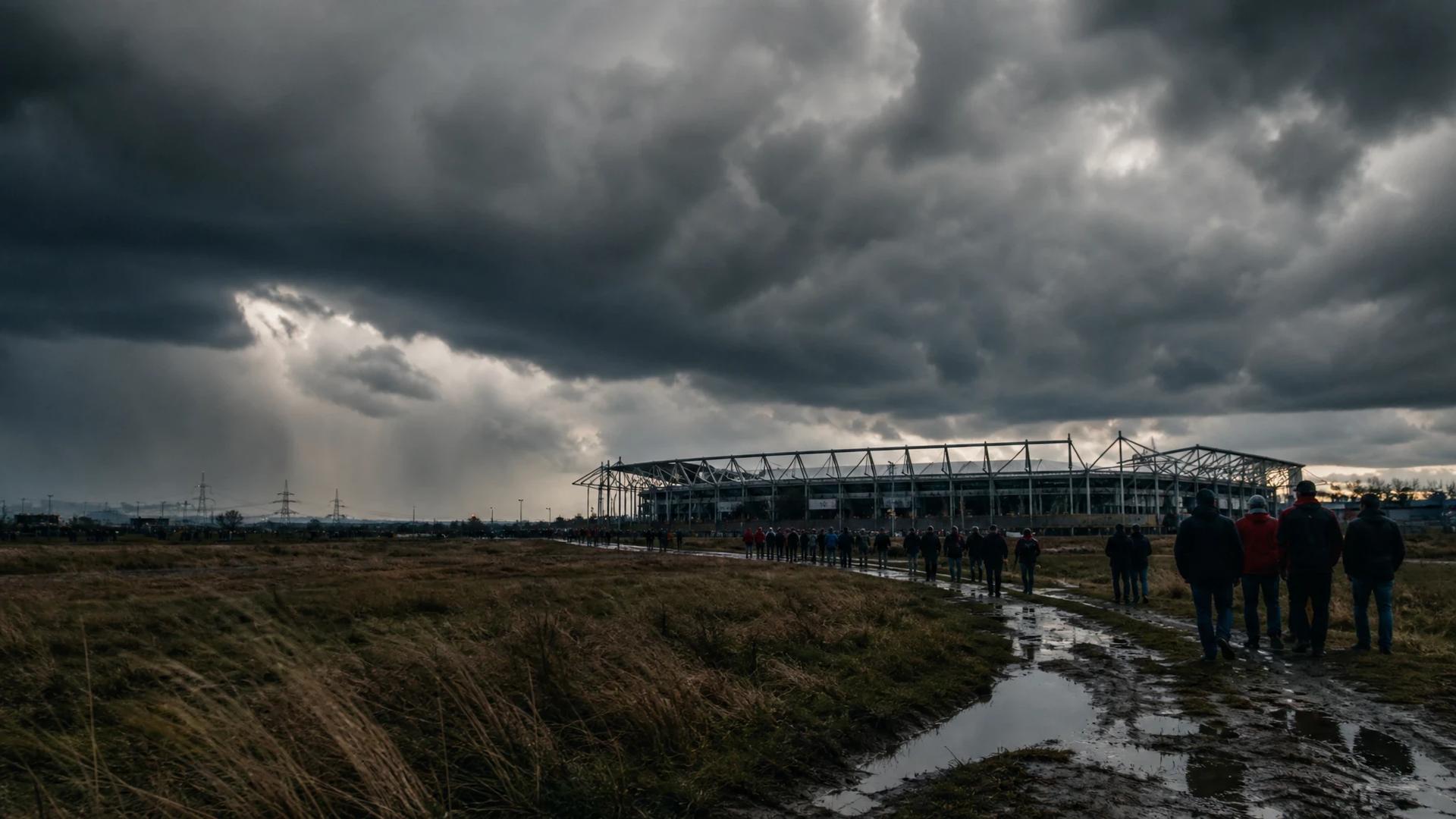 An extreme wide shot of the MEWA Arena under a stormy sky.