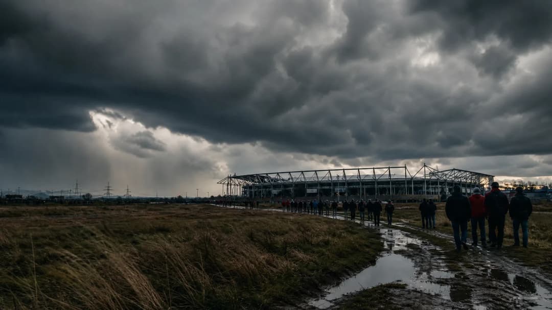 An extreme wide shot of the MEWA Arena under a stormy sky.